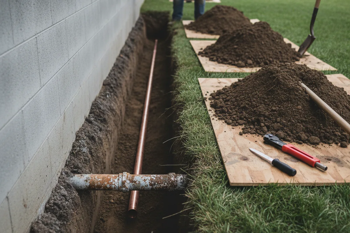 Excavated water line trench during Water Softener Installation in Cherry Valley
